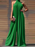 Oversized ZANZEA Fashion Women Jumpsuits 2022 Summer Pleated Wide Leg Overalls Casual Solid Sleeveless Loose Button Up