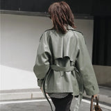 Spring Autumn 2021 Women New Casual Lapel Pu Jacket Coat Simplicity Loose Leather Jacket with Belt Office