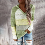 Autumn Patchwork Hooded Sweater Casual V-neck Striped Knitted Sweater Female Long Sleeve Pullover Jumpers New