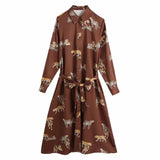 Tiger Print Sashes Turndown Collar Shirt Dress Female Long Sleeve Loose Clothes Casual Lady Vestido