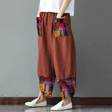 Autumn Fashion Women Cotton Linen Pencil Pants Casual Print Patchwork Loose Long Trousers Elegant Streetwear Lady