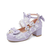 6 Candy Color Princess JK Uniform Cosplay Lolita Shoes String Bead Ruffles Bow Cross Tied Chuncky Heels Pumps Women Purple