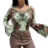 Khaki Vintage Print V Neck Flare Long Sleeve Y2K Tops Cute E Girl Fairy Grunge Aesthetic Graphic T Shirts for