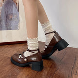 Retro Brown Mary Jane Shoes Women Thick Heels Ankle Buckle Lolita Shoes Woman Uniform Pu Leather Student Shoes
