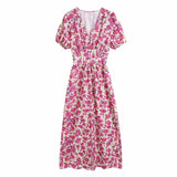 Women Flower Printing V Neck Split Midi Dress Female Short Sleeve Clothes Leisure Lady Loose Vestido