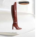 Leather Knee High Boots Women Sexy Chunky High Heels Long Boots Female Winter Party Shoes Cowboy Knight
