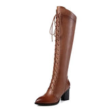 Spring Women Winter Knee High Boots Lacing Black Female Genuine Leather Boots Ladies Square High Heels Rubber Sole