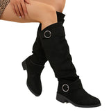 Breakj And Winter New Folded Flat Bottom Western Cowboy Boots Buckle Boots Coarse And Thin Barrel Knight