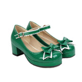 EDEELVEEYS Bow Mary Janes Patent Leather Block Med Heel Pumps for Women Rockabilly Shoes Lolita Fashion Vintages Maid
