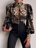Spring New Sexy Elegant Hollow Out Backless Tops Women Vintage Print Lantern Sleeve Shirt Lady Fashion Turtleneck Lace-Up