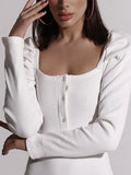 Knitted Ribbed Top Square Collar Ladies Sexy Puff Sleeve Ladies Skinny Button 2021 Autumn Basic Korean Casual