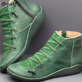 Women Winter Snow Boots PU Leather Ankle Boots Spring Flat Shoes Woman Short Green Botas With Fur For Women Lace Up Botas