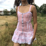 Sweet Y2K Lace Slip Dress Party Holiday Sleeveless Mini Kawaii Dresses Lolita Robe 2000s Aesthetic Grunge Pink