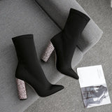 Net Red Model Elastic Cloth Thick With High Heel Women's Boots 259-4 Have To Do 40 Yards