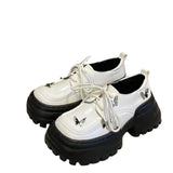 Leather Shoes Female College Style 2024 Early Spring New Square Head Thick-Soled Bow High-Heeled Retro Lace Casual