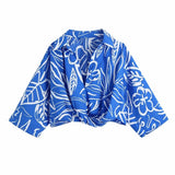 Chic Blue Print Skirt Sets Women 2021 Summer Fashion Cropped Knot Shirts Side Buttons Ruched Skirts