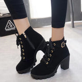 High Heels, Single Boots, Belt Buckles, Women's Shoes, Thick Heels, Short Boots, Round Head Martin Boots, Women's Lace And Naked Boots Knight