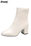 New Women Side Zipper Мартин сапоги Comfortable Mid Heel Ankle Boots Fashion Shoes Black Red White Square Heel Women