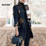 Winter New Fashion Women Stand Collar Print Jackets Casual Long Sleeves Elegant Office Lady Cardigan Slim Buttons