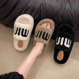 Celebrity Muffin Thick Bottom Letter Wool Slippers Women Wear 2024 Winter New Style Lamb Wool Cotton