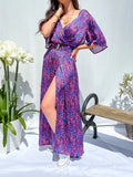 Sexy V Neck High Slit Drape Party Dress Summer Bohemian Long Dress Women 2022 Elegant Multicolor Print Slim Waist Beach
