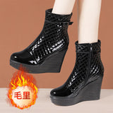 Autumn And Winter New Martin Boots Women's Leather Thick-Soled Waterproof Table High Heel Slope Show Thin Short Boots Women's Short