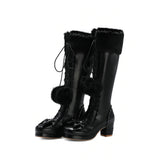 Lolita High Boots Winter Warm Fur Neck Girls Cosplay Party JK Princess Shoes Lace Up Bowtie Chunky Heel Side Zipper PU