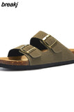 2023 New Summer Women Cork Slipper Casual Beach Double Buckle Non-slip Outside Nubuck Leather Slip on Slides