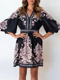 Summer Vintage Pattern Print Dresses Lady Elegant V-neck Waist Pleat Party Dress Fashion Popular Lantern Half Sleeve Women