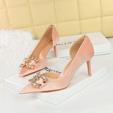 Breakj Banquet High Heels Fine Heel Shallow Mouth Tip Side Hollow Out And Thick Suede Water Diamond Button Bow Single