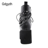 2021 Gothic Black Ankle Boots For Women Plus High Heel Female Shoes Lace-Up Nigh Club Black Sexy Rivets Chain Short