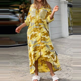 Women Turn-down Collar Flower Print Casual Shirt Dress Fashion Summer Half Sleeves Buttons Cardigan Irregular Elegant
