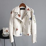 Women Floral Print Embroidery Faux Soft Leather Jacket Coat Turn-down Collar Casual Pu Motorcycle Black Punk
