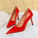 Breakj Simple High Heel Bright Finish Paint Leather Shallow Mouth Tip Sexy Show Thin Professional OL High Heels Single