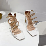 Gold Snake Embellished Women Sandals Sexy thin High Heels Transparent PVC Gladiator Sandals Summer Female Party