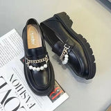 Platform Leather Shoes Women Chunky Thick Sole Round Toe Black Pu Shallow Pure British Style Retro Slip-on Leisure