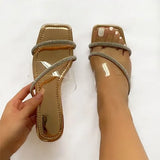 Women Crystal Slippers Female Square Toe Casual Flat Ladies Narrow Band Slides Women's Leisure Comfort Shoes Plus
