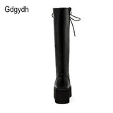Chunky Platform Heels Pu Leather Knee High Boots Women Retro Punk Long Boots Woman Lace Up Booties Mujer 2021 New