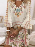Women Fashion Printed V-Neck Three-quarter Sleeve Dress Spring Casual Loose Commuter Dress Summer Office Temperament Chic