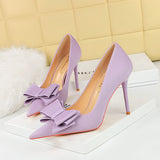 Breakj Korean Version Fashion Thin Heels, Silk, Shallow Pointed Bow Single High Heel Women's