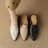 Women Sandals Genuine Leather Shoes for Women Pointed Toe Concise Modern Sandals Chunky Heel Women Mules Solid