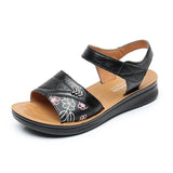 Women's Ladies Female Old Mother Non Slip Genuine Leather Shoes Sandals Platform Summer Cool Beach Flowers Ethnic