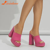 Platform Slipper For Women 2023 New Fashion Chunky Heel Knitted Wool Fashion Mules Sandals Walking Comfy