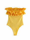 2021 za Sexy Female Swimsuit Vintage One Piece Ruffled Push Up Solid Yellow Swimwear Women Monokini Bathing