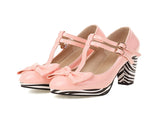 Women's Cute Lolita Cosplay Shoes T Strap Patent Leather Bow Mid Chunky High Heel Mary Jane Pumps Patchwork Striped