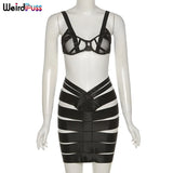 Puss Two Piece Set Women Hollow Out Mesh Band Patchwork Summer Trend Beach Style Top+Skirt Skinny Matching Party