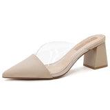 Breakj Spring And Summer Net Red Transparent Pointed Thick Heel High Heels Women In The Head Half Slippers Lazy