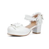 Japanese Harajuku Princess Lace Edge Lolita Sandals High Chunky Heels Sweet Round Toe Bowtie Kawaii School Girls Cosplay