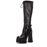 Summer Platform Boots Gothic Knee High Chunky Heel Fashion Buckle Street Style Black Genuine Leather Women Shoes