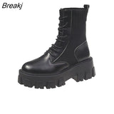 Leather Black Flat High Platform Women Fashion 2023 Non-slip Wear-resistant Sole Ankle Boots Ladies Stretch Shoes